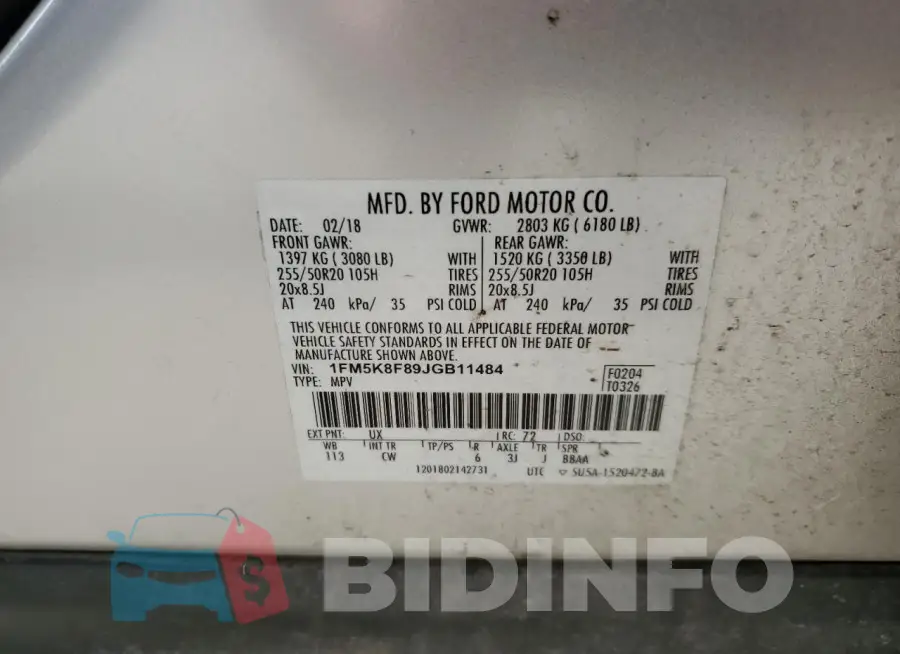 1FM5K8F89JGB11484 Photo# 13