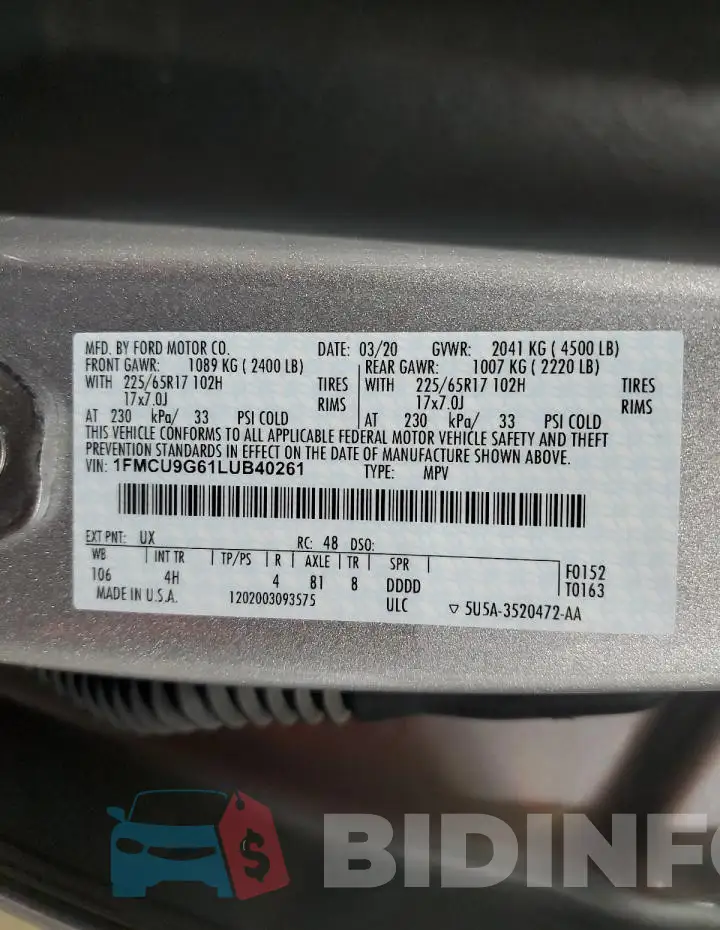 1FMCU9G61LUB40261 Photo# 14