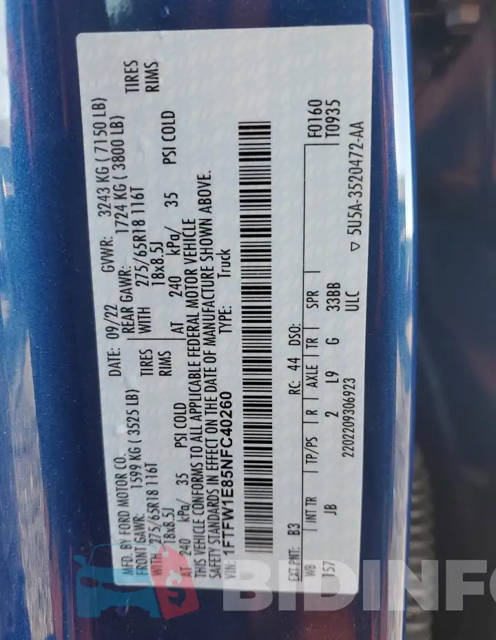 1FTFW1E85NFC40260 Photo# 13