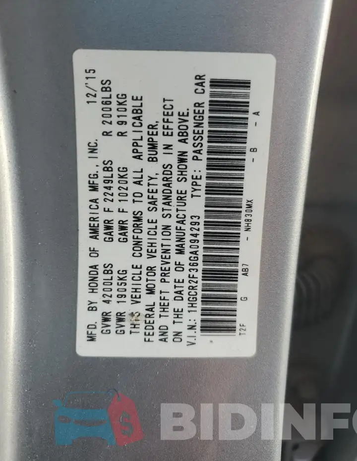 1HGCR2F36GA094293 Photo# 12