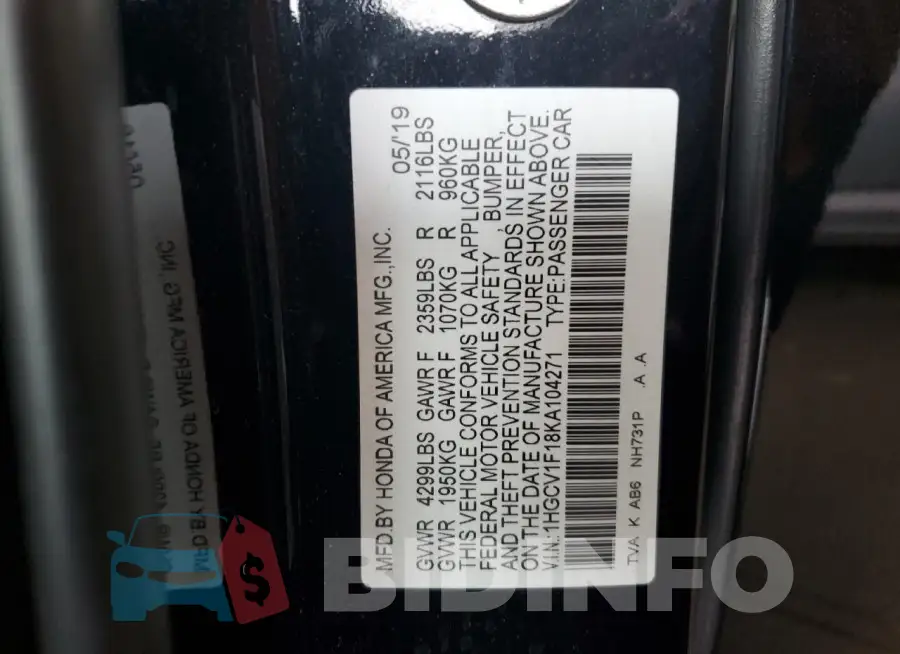 1HGCV1F18KA104271 Photo# 12