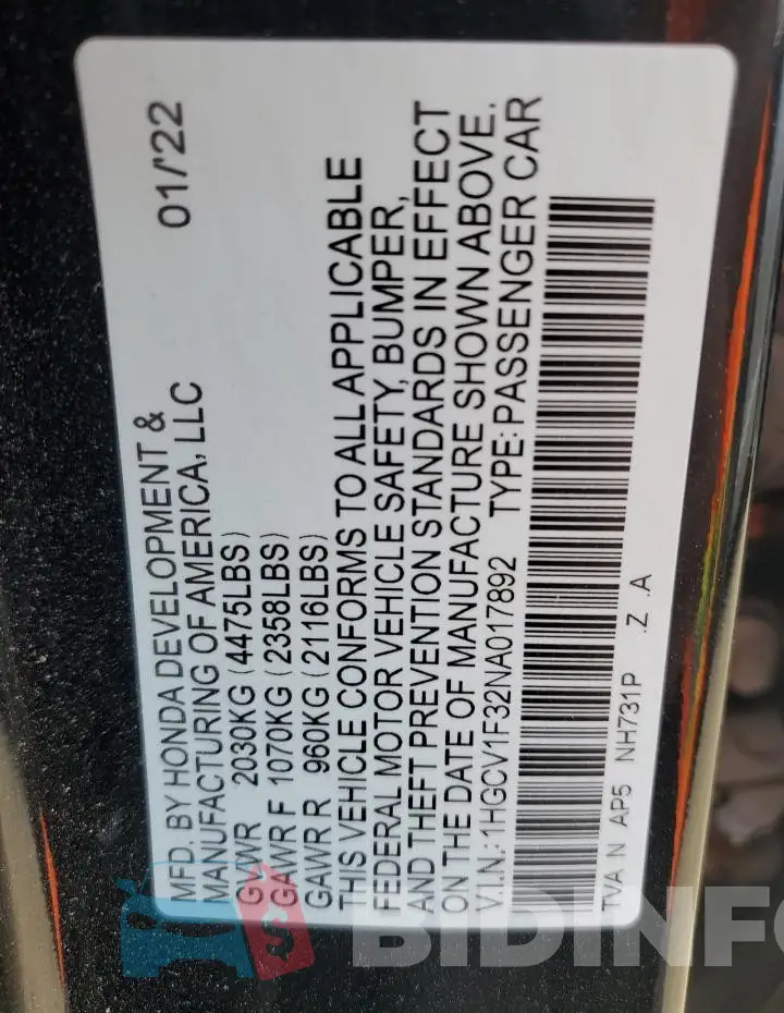 1HGCV1F32NA017892 Photo# 12