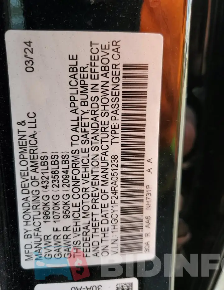 1HGCY1F24RA051238 Photo# 12