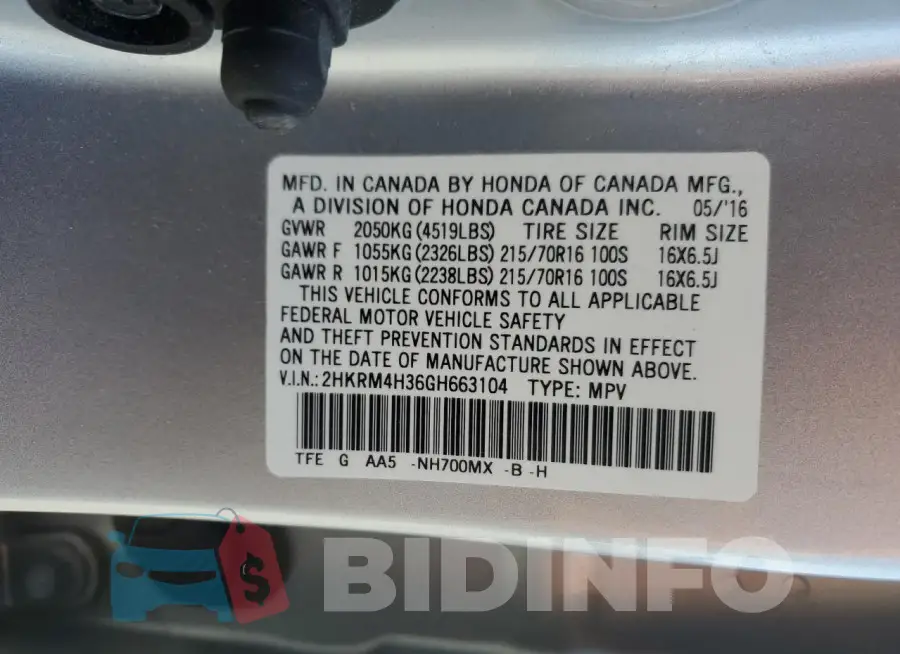 2HKRM4H36GH663104 Photo# 12