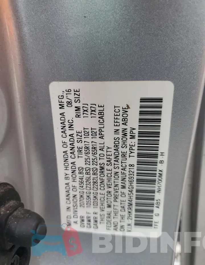 2HKRM4H54GH693218 Photo# 13