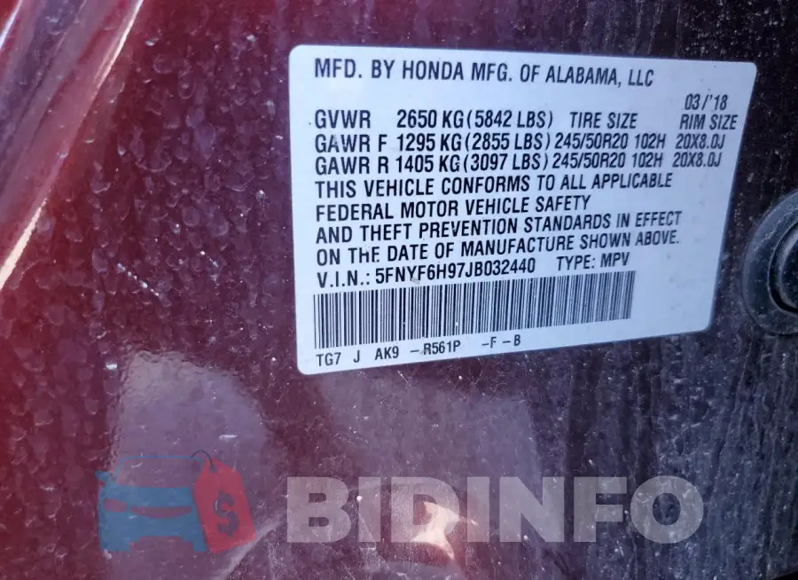 5FNYF6H97JB032440 Photo# 14