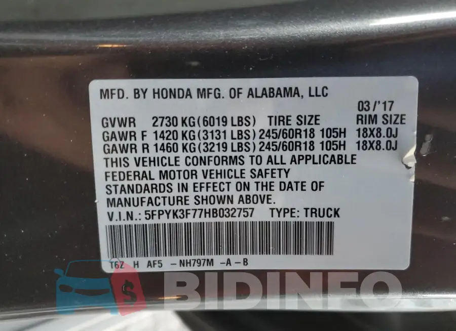 5FPYK3F77HB032757 Photo# 12