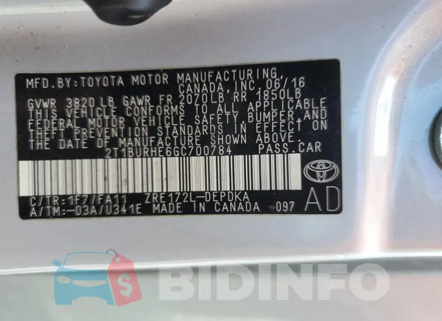 2T1BURHE6GC700784 Photo# 12