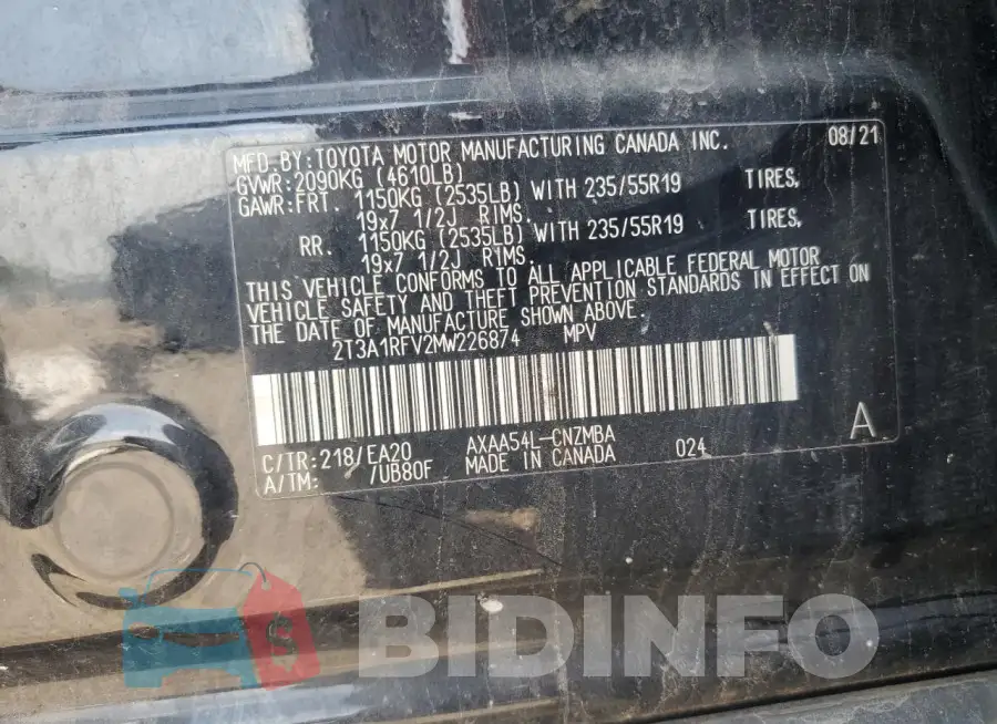 2T3A1RFV2MW226874 Photo# 13