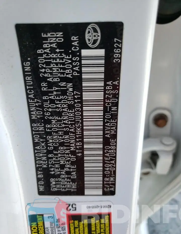 4T1B11HK5JU030117 Photo# 12
