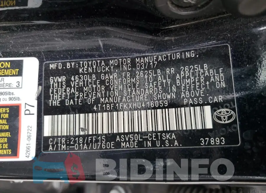 4T1BF1FKXHU416059 Photo# 13