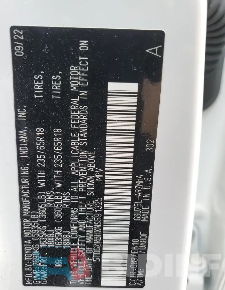 5TDGZRBHXNS591325 Photo# 13