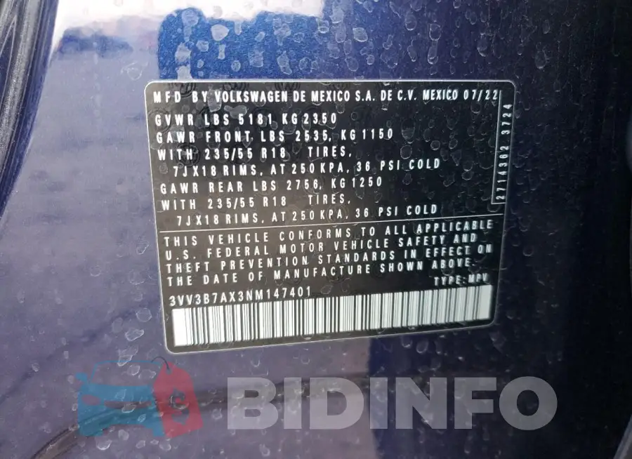3VV3B7AX3NM147401 Photo# 14