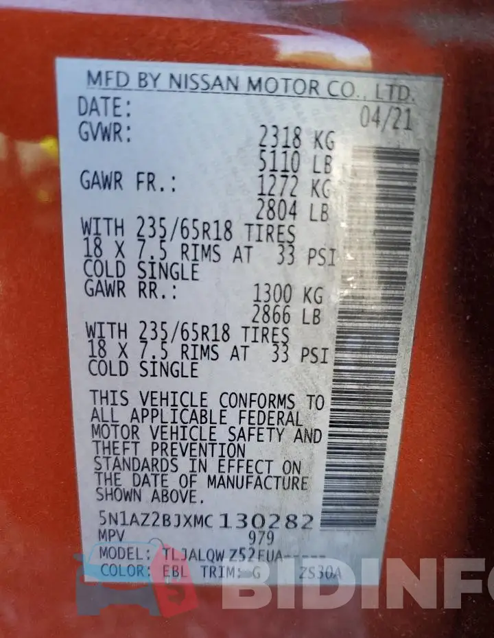 5N1AZ2BJXMC130282 Photo# 13