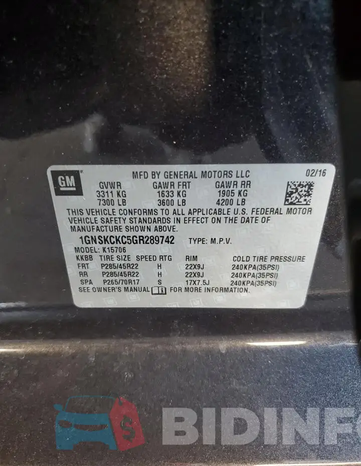 1GNSKCKC5GR289742 Photo# 13