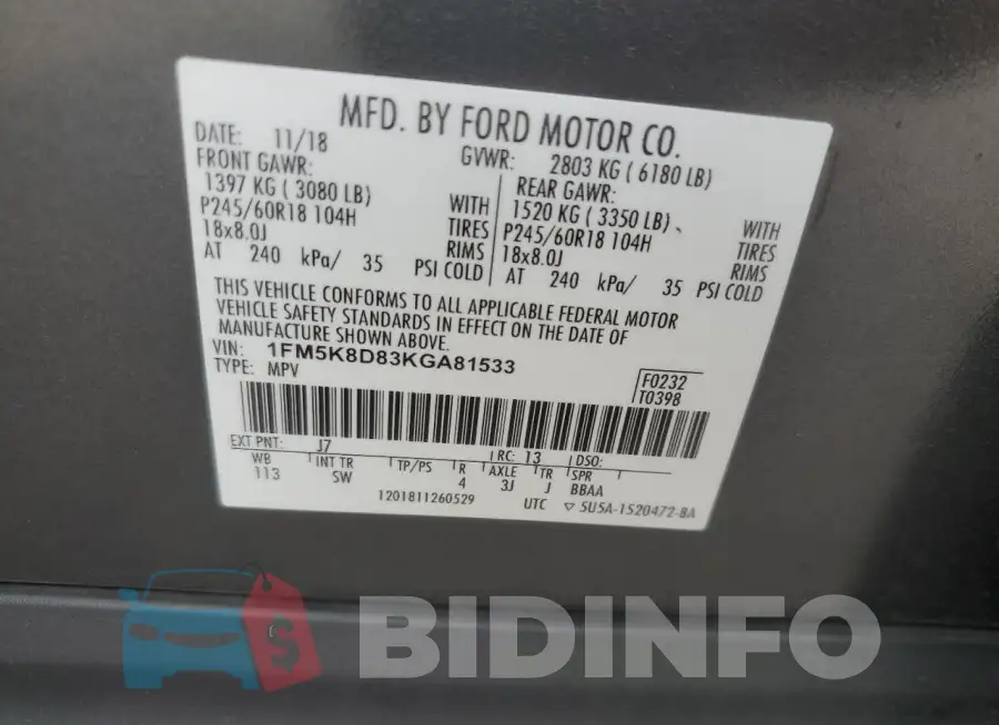 1FM5K8D83KGA81533 Photo# 13