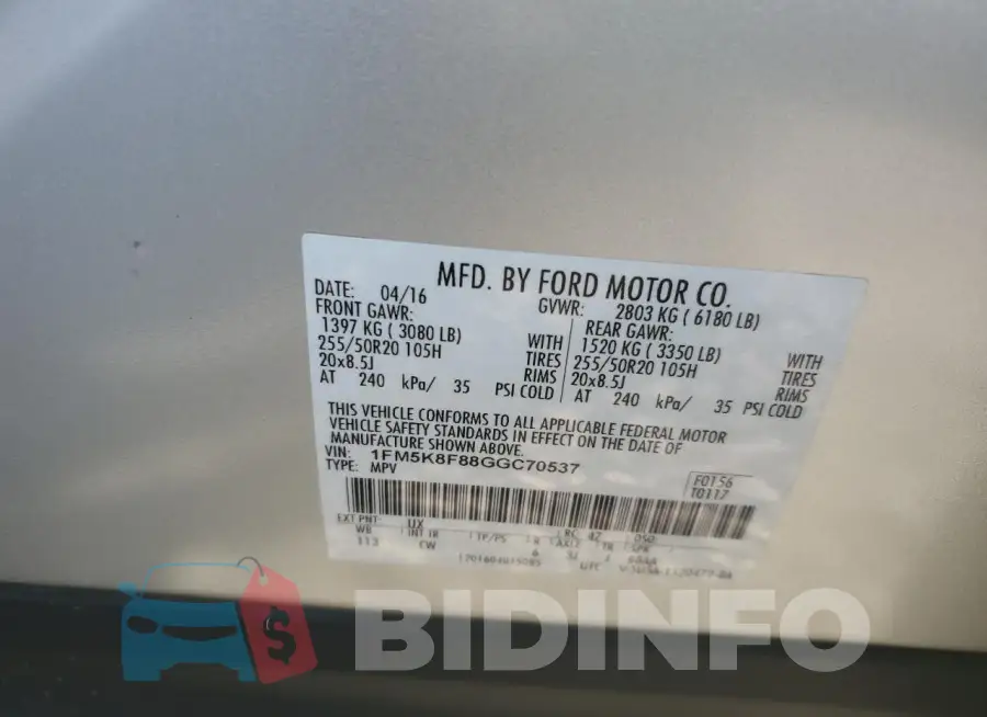 1FM5K8F88GGC70537 Photo# 13