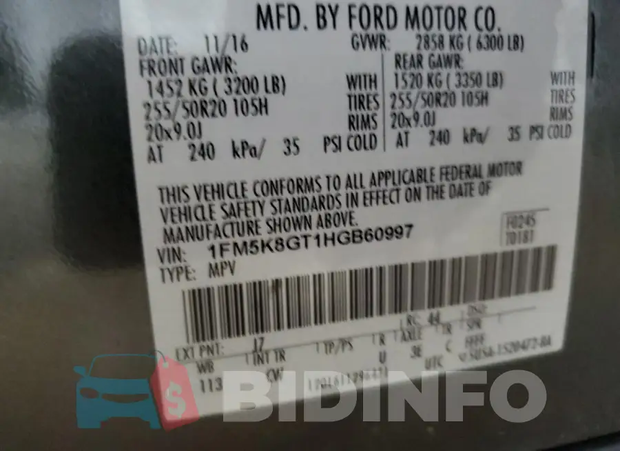 1FM5K8GT1HGB60997 Photo# 14