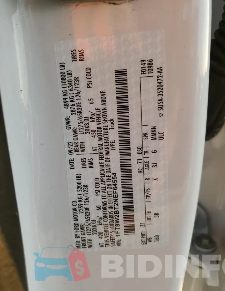 1FT8W2BT2NEF64554 Photo# 12