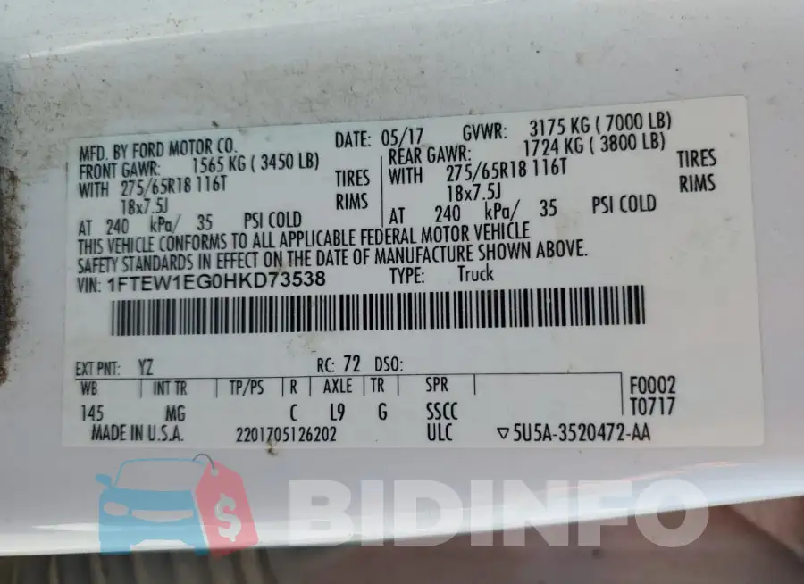 1FTEW1EG0HKD73538 Photo# 13