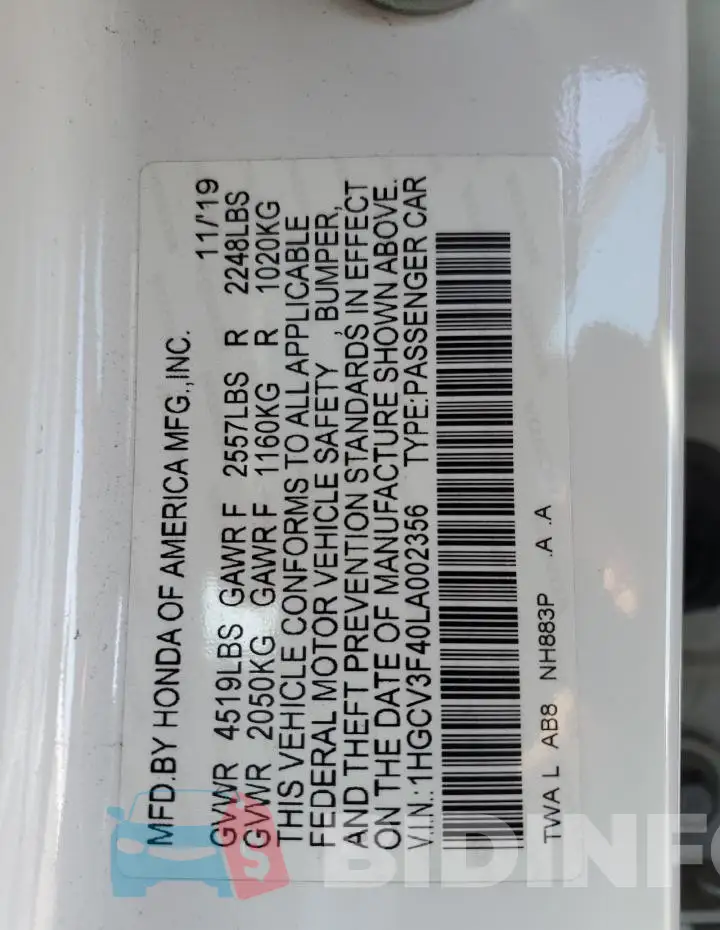 1HGCV3F40LA002356 Photo# 12