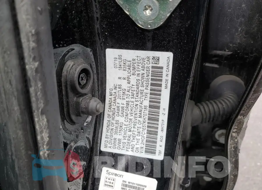 2HGFC1E57KH707186 Photo# 12