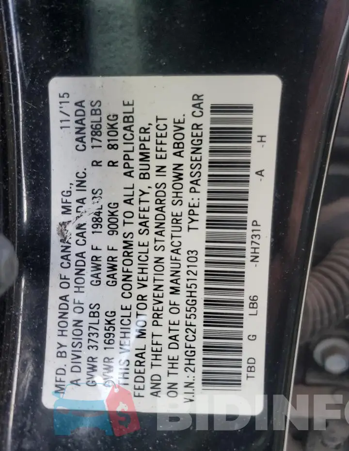 2HGFC2F55GH512103 Photo# 12
