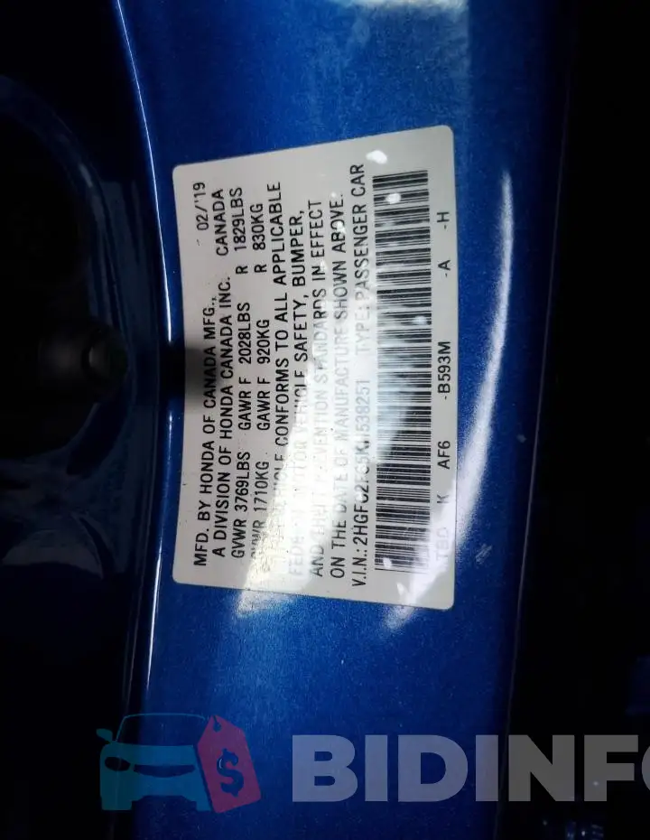 2HGFC2F65KH538251 Photo# 12