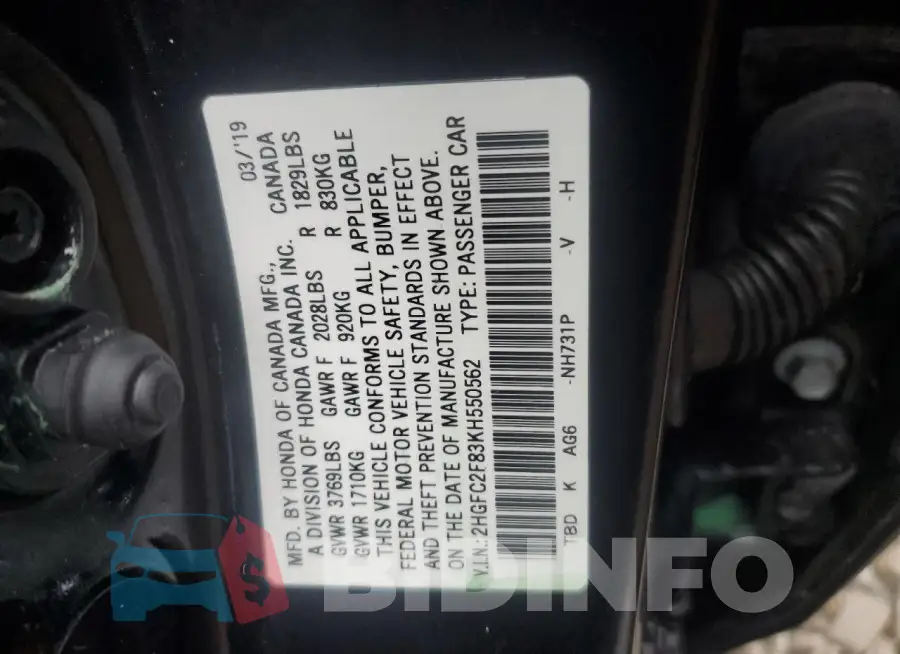2HGFC2F83KH550562 Photo# 13