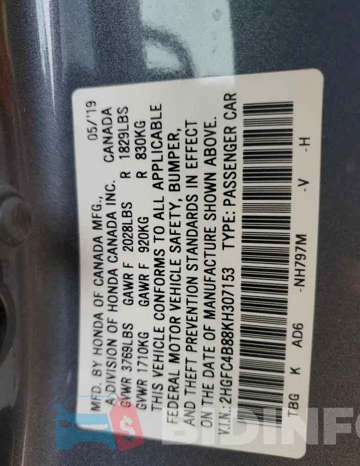 2HGFC4B88KH307153 Photo# 13