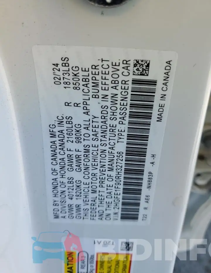 2HGFE1F90RH327256 Photo# 12