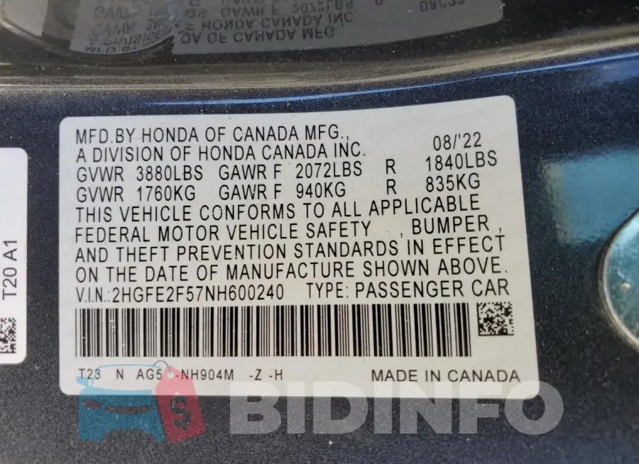 2HGFE2F57NH600240 Photo# 12