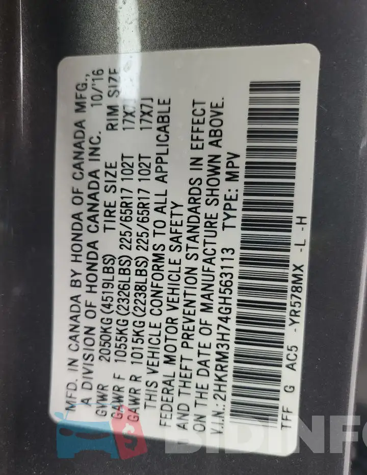 2HKRM3H74GH563113 Photo# 14