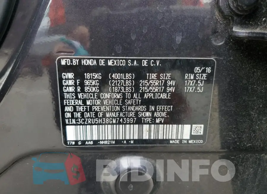 3CZRU5H38GM743997 Photo# 12