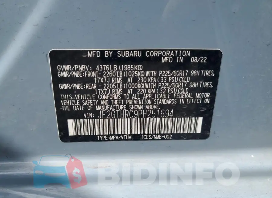 JF2GTHRC9PH251694 Photo# 12