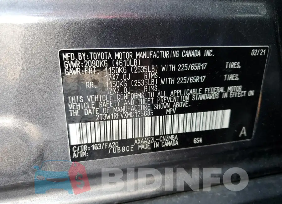2T3W1RFVXMC125685 Photo# 14