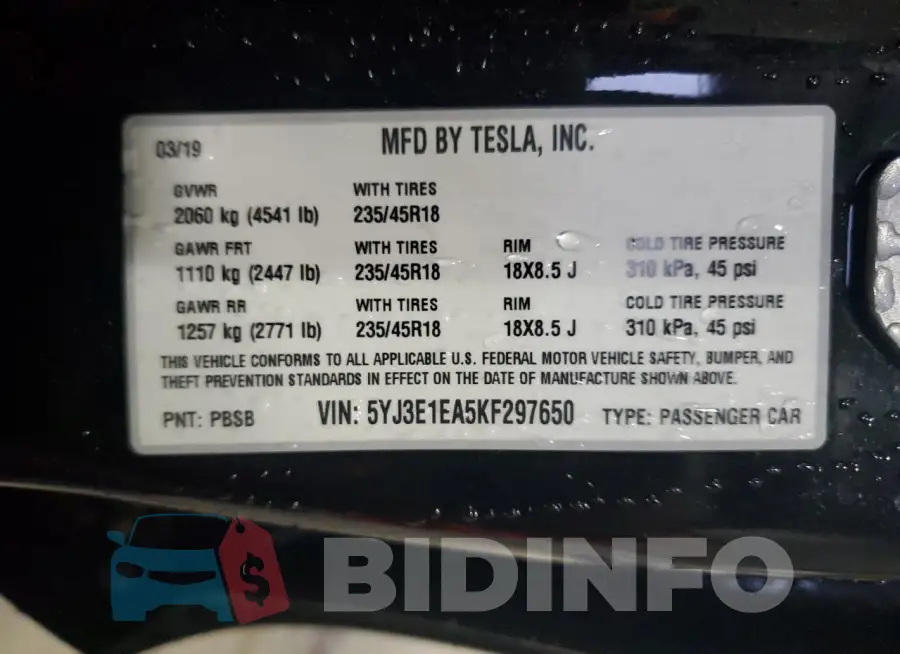 5YJ3E1EA5KF297650 Photo# 12