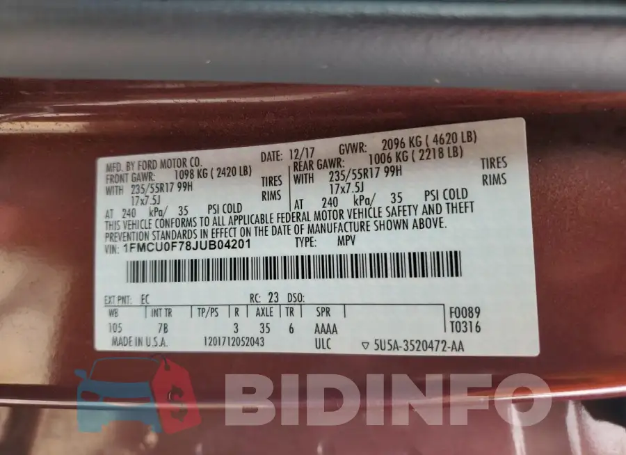 1FMCU0F78JUB04201 Photo# 14