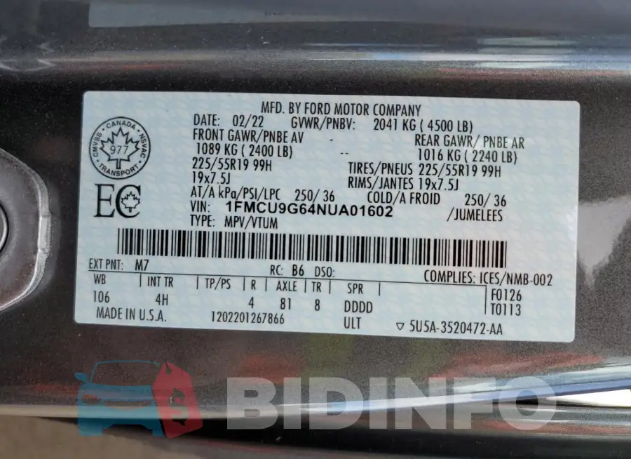 1FMCU9G64NUA01602 Photo# 14