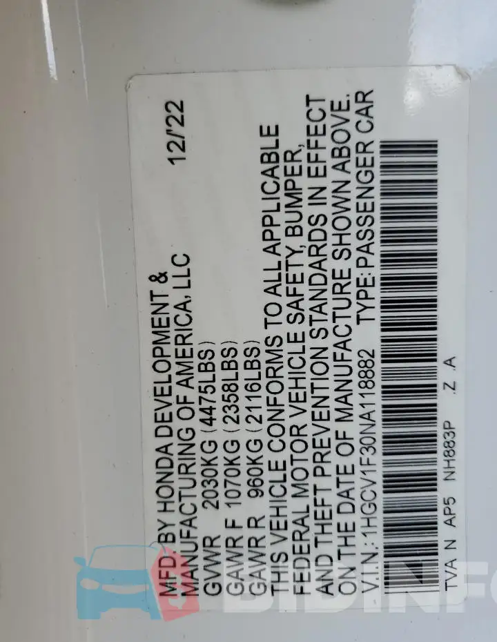 1HGCV1F30NA118882 Photo# 12