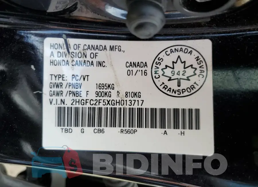 2HGFC2F5XGH013717 Photo# 12