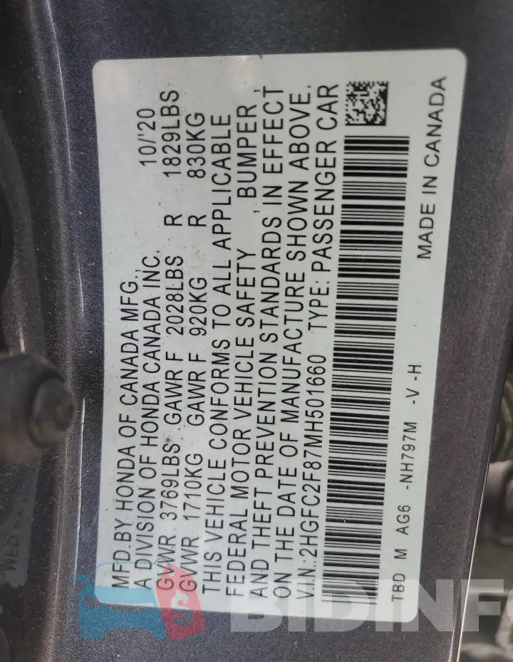 2HGFC2F87MH501660 Photo# 12