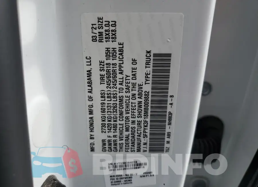 5FPYK3F18MB009882 Photo# 13