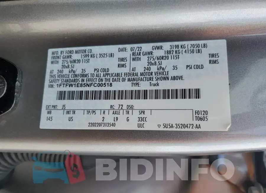 1FTFW1E85NFC00518 Photo# 13