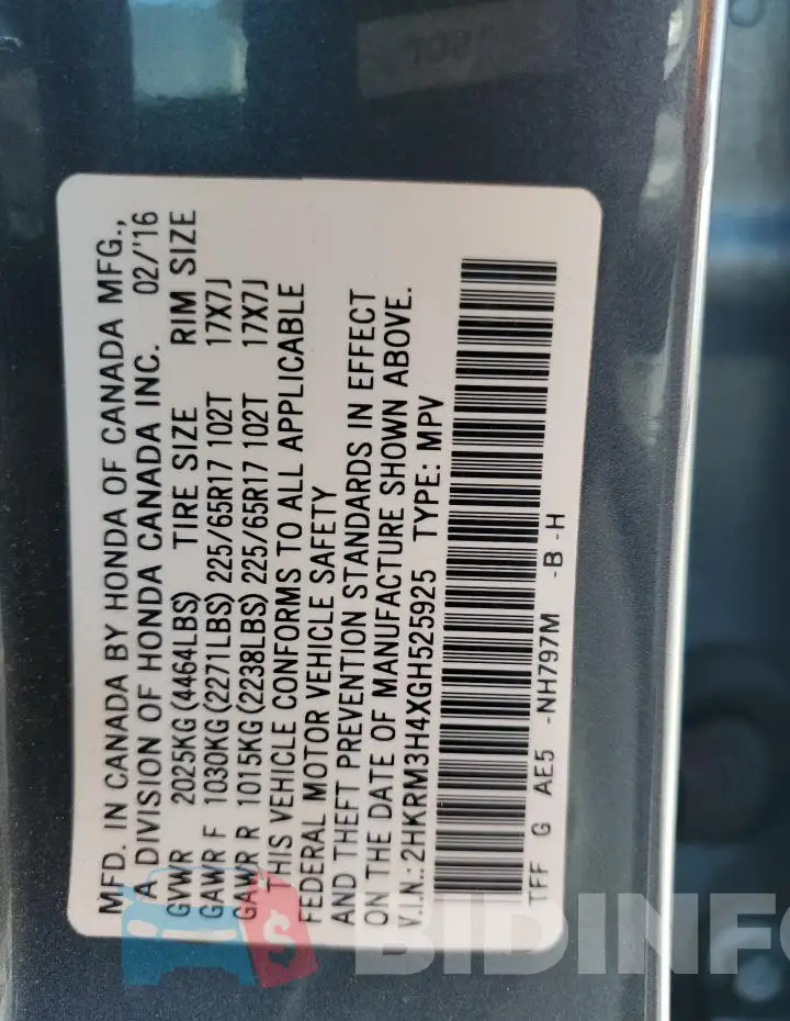 2HKRM3H4XGH525925 Photo# 14