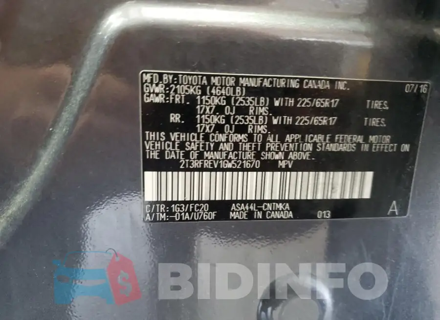 2T3RFREV1GW521670 Photo# 13
