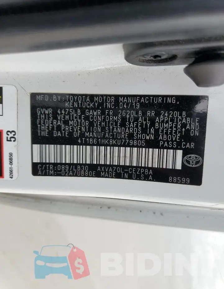 4T1B61HK8KU779805 Photo# 13