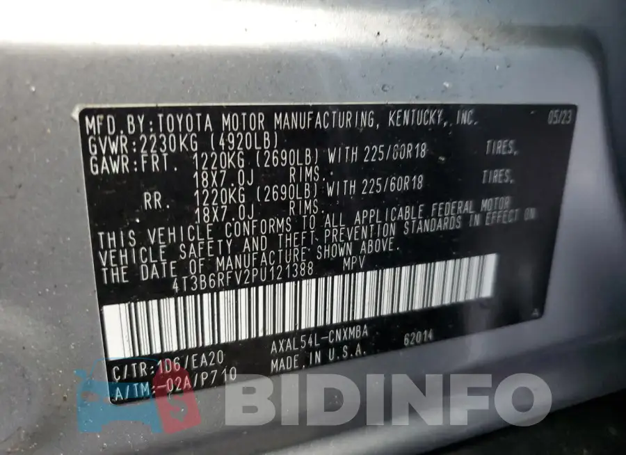 4T3B6RFV2PU121388 Photo# 14