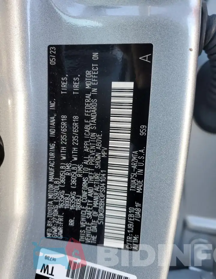 5TDKDRBH3PS041041 Photo# 13