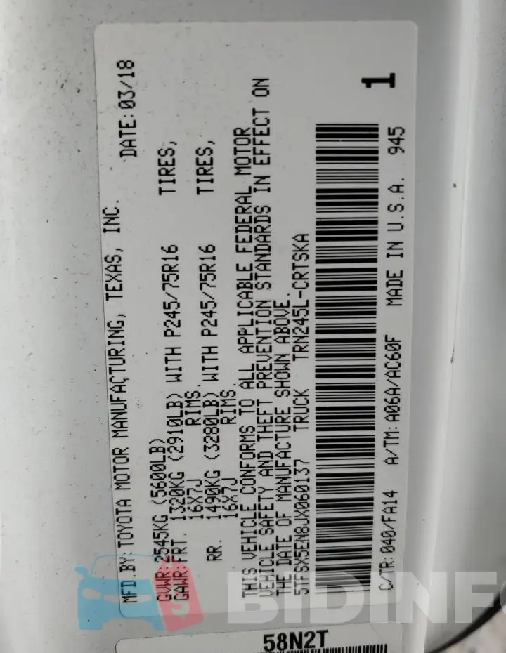 5TFSX5EN8JX060137 Photo# 12